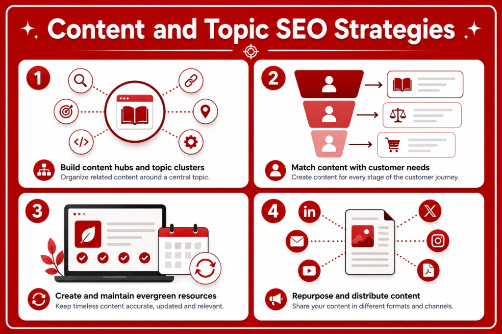 Content and topic SEO strategies infographic showing 4 strategies for increasing organic traffic: content hubs and topic clusters, customer-focused content, evergreen resource updates, and content repurposing across multiple channels.