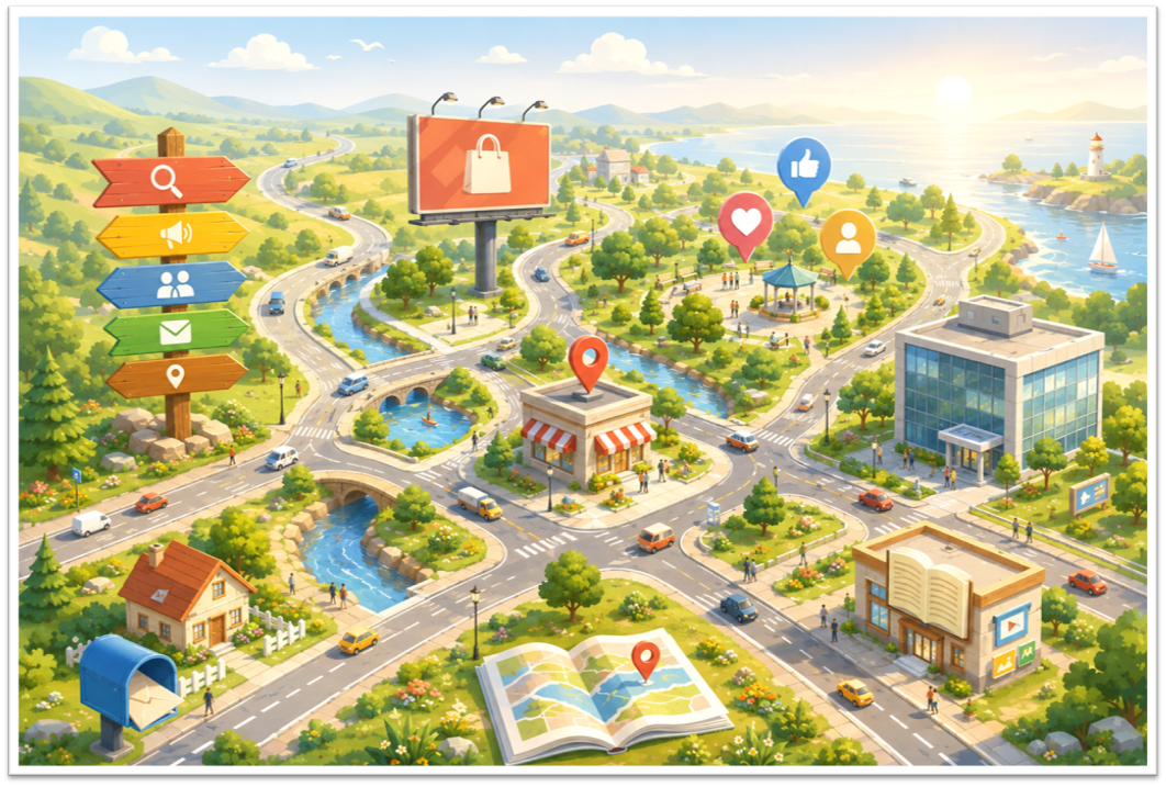 Illustration of digital marketing as a highway system connecting businesses with customers through multiple marketing channels