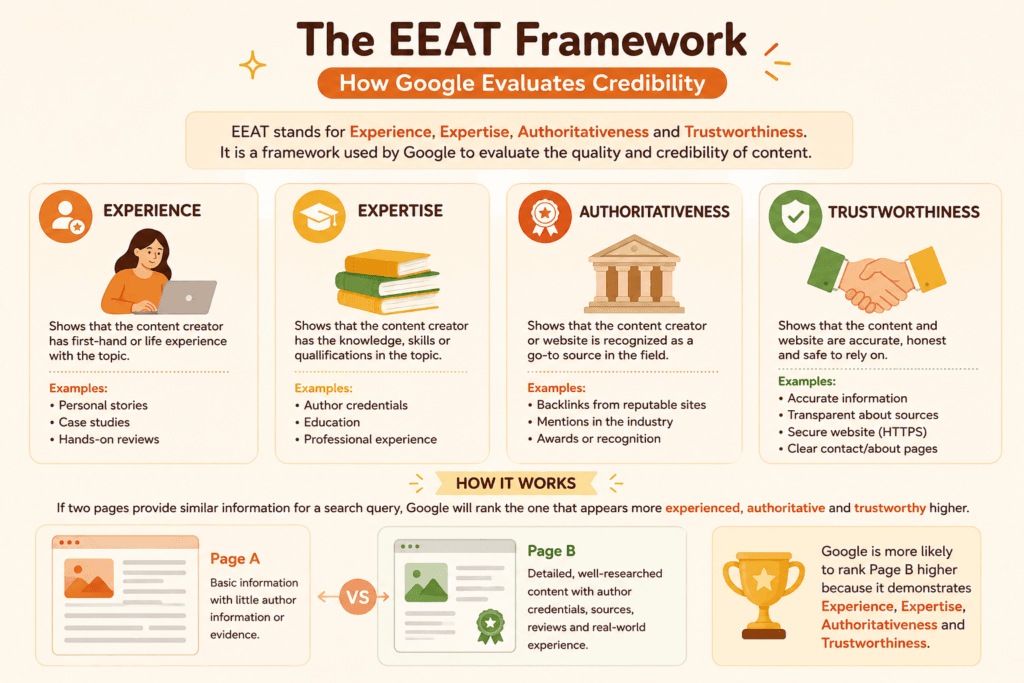 The infographic shows the four E-E-A-T pillars—Experience, Expertise, Authoritativeness, and Trustworthiness—and how they influence search rankings.