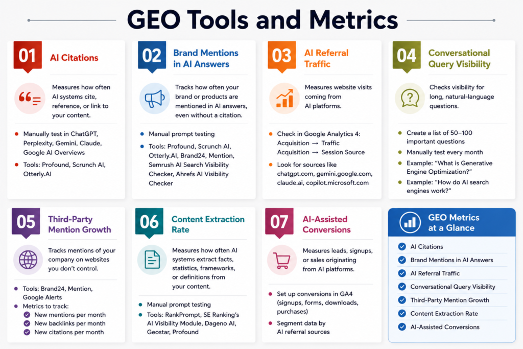 An illustration for GEO Tools and Metrics. 