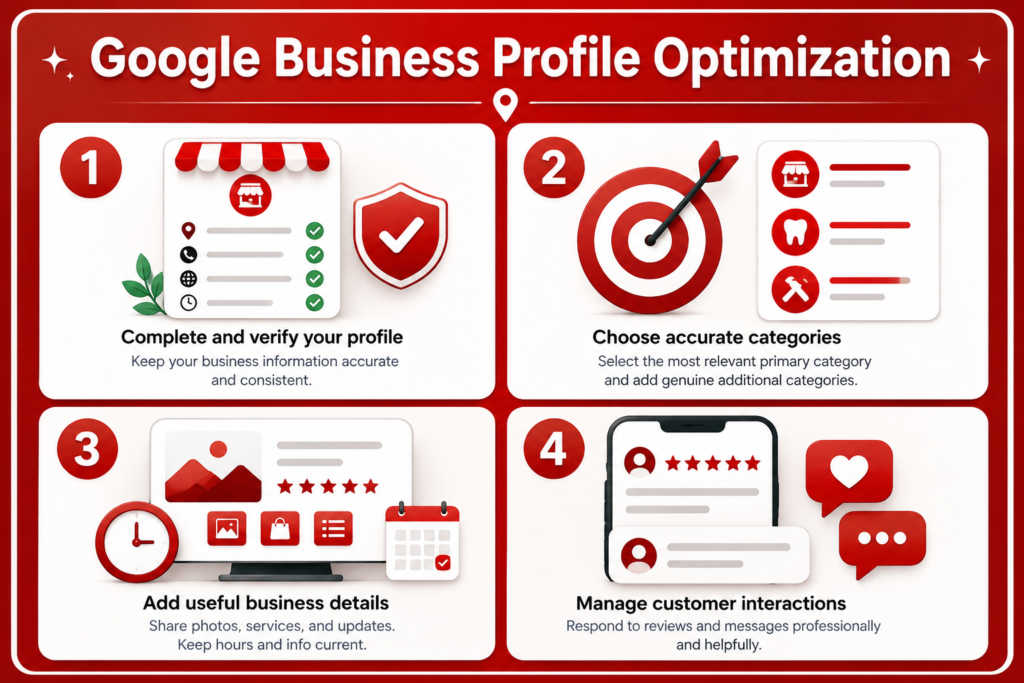 Google Business Profile optimization infographic showing four points for Local SEO: verify the profile, choose accurate categories, add useful business details, and manage customer interactions.