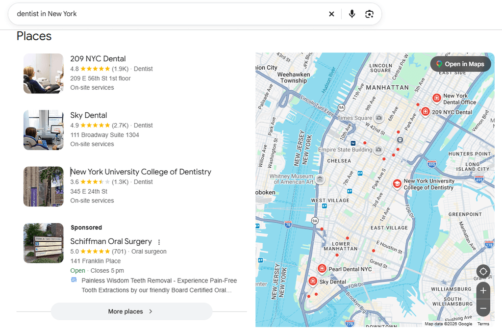 A screenshot of Google search results for "dentist in New York"