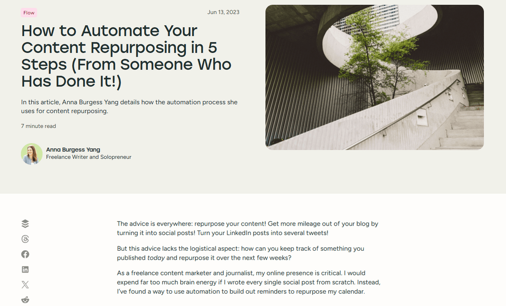 Guest post article titled How to Automate Your Content Repurposing in 5 Steps, showing the author bio and article content
