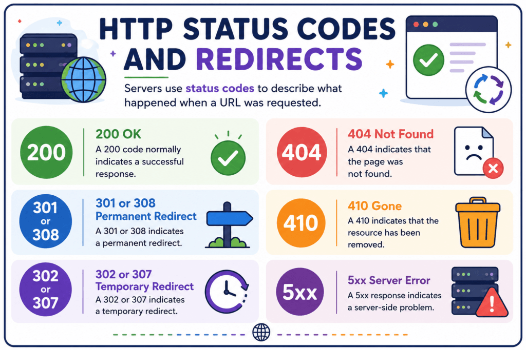Technical SEO infographic explaining HTTP status codes, including 200 success, 301 or 308 permanent redirects, 302 or 307 temporary redirects, 404 not found, 410 gone, and 5xx server errors.