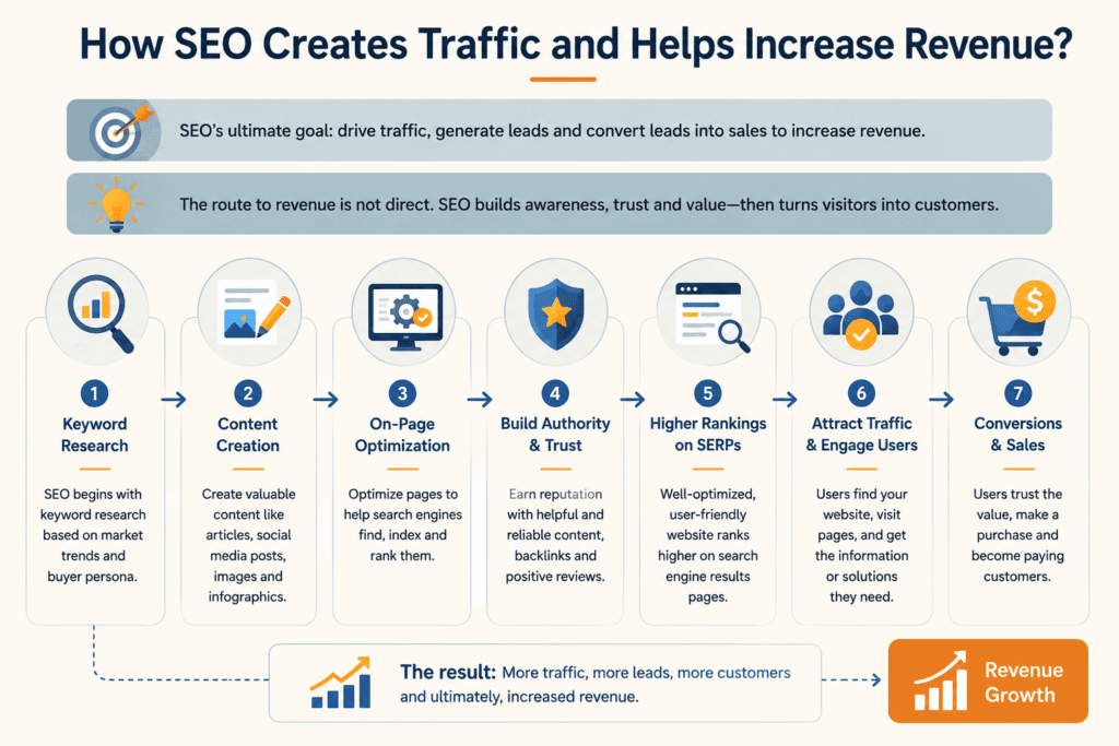 Flowchart infographic showing how SEO progresses from keyword research and content creation to higher rankings, increased traffic, conversions, and revenue growth.