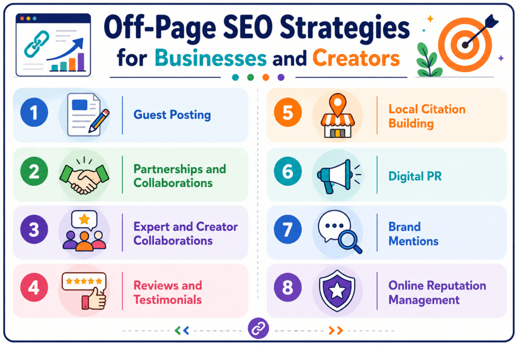 Off-page SEO strategies infographic showing eight approaches: guest posting, partnerships, creator collaborations, reviews, local citations, digital PR, brand mentions, and online reputation management.