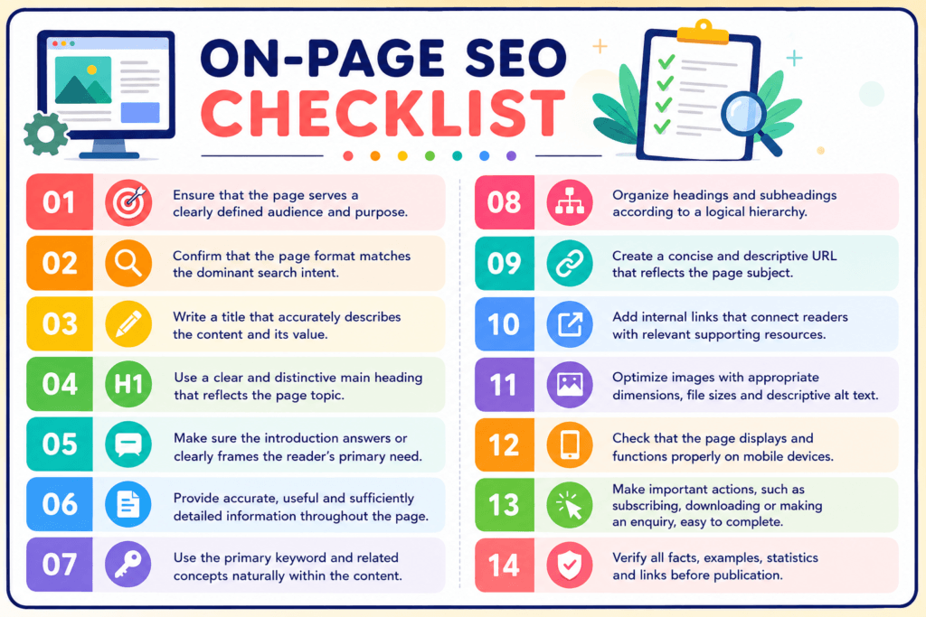 On-page SEO checklist infographic with 14 steps covering search intent, titles, headings, content, keywords, URLs, internal links, images, mobile usability, conversions, and fact-checking.