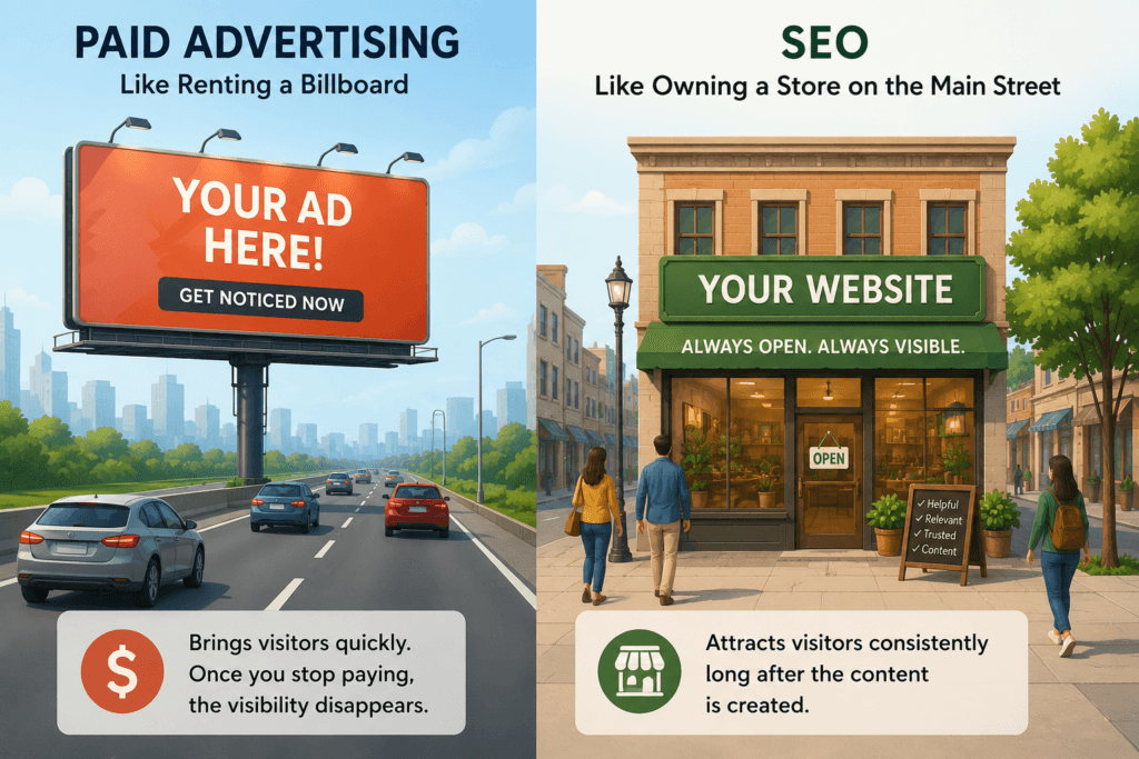 A split-screen AI illustration comparing digital marketing strategies. The left side shows a highway billboard labeled "Paid Advertising," explaining that visibility disappears when payment stops. The right side shows a brick storefront labeled "SEO," explaining how search engine optimization consistently attracts visitors over time.
