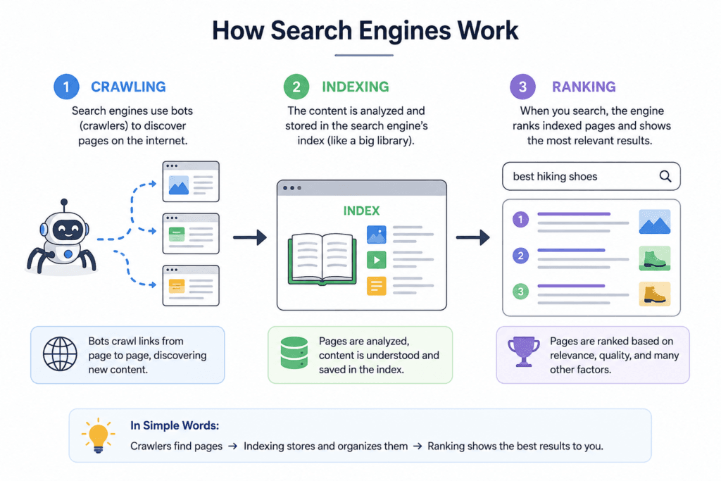 Flowchart detailing SEO core processes. The steps are clearly labeled: 1) Crawling, where bots discover pages; 2) Indexing, where pages are analyzed and saved in a central library index, and 3) Ranking, where the system sorts and displays results based on relevance and quality factors.