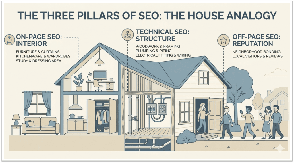 An infographic titled "The Three Pillars of SEO: The House Analogy". Text descriptions point to different parts of the house: On-Page SEO points to interior items like furniture and wardrobes; Technical SEO points to plumbing and electrical infrastructure; Off-Page SEO points to friendly neighbors.