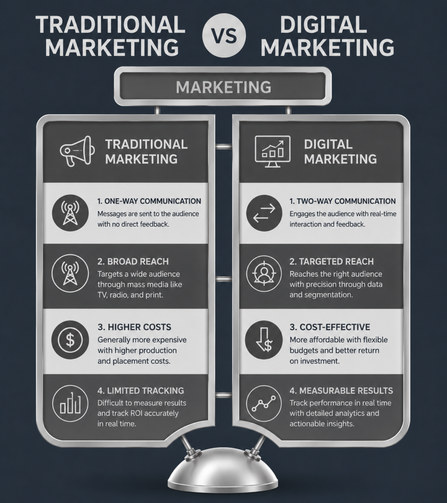 Illustration comparing traditional marketing and digital marketing