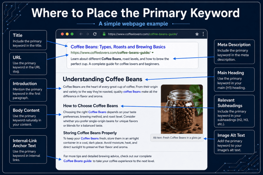 Diagram showing where to place the primary keyword “Coffee Beans” in a webpage: title, URL, main heading, introduction, subheadings, body content, meta description, image alt text and internal-link anchor text.