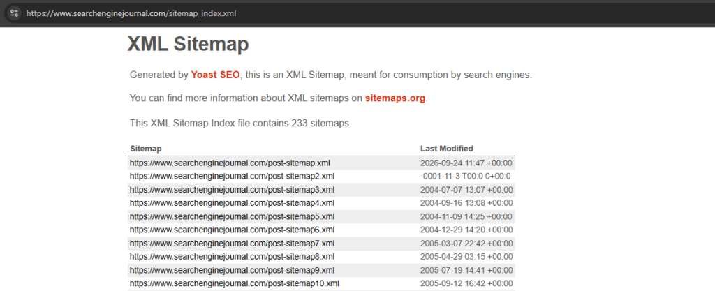 A screenshot of XML Sitemap Index of Search Engine Journal