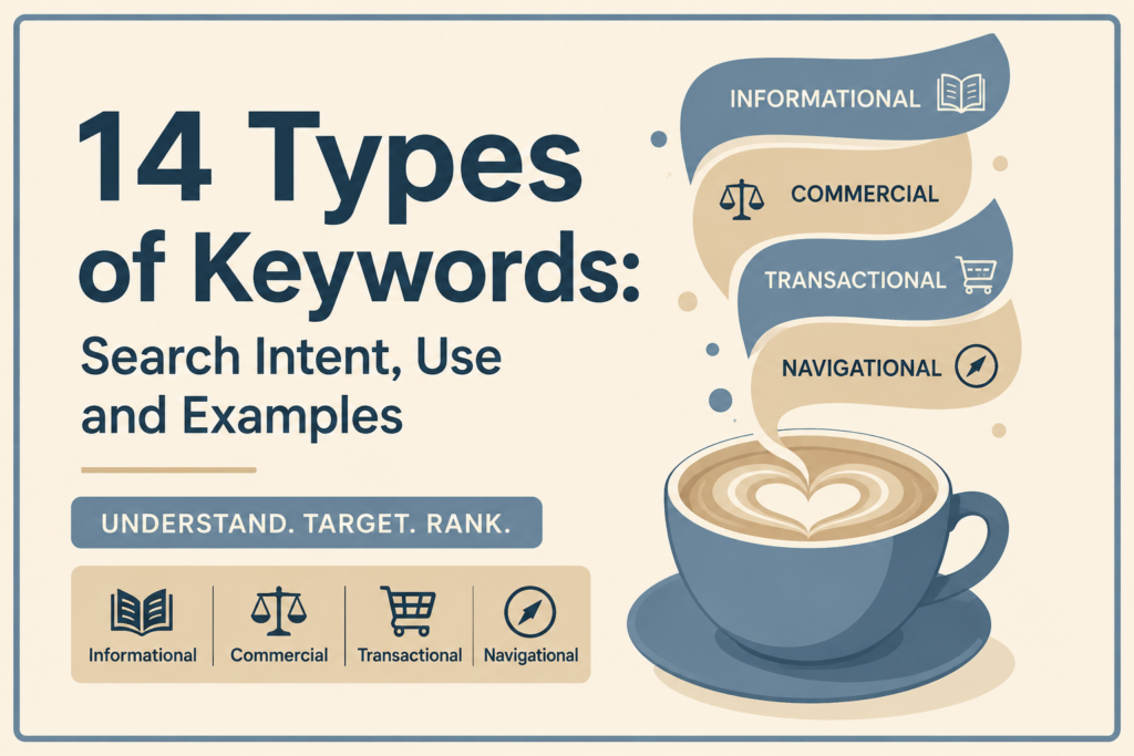 Featured image for 14 Types of Keywords: Search Intent, Use and Examples graphic.