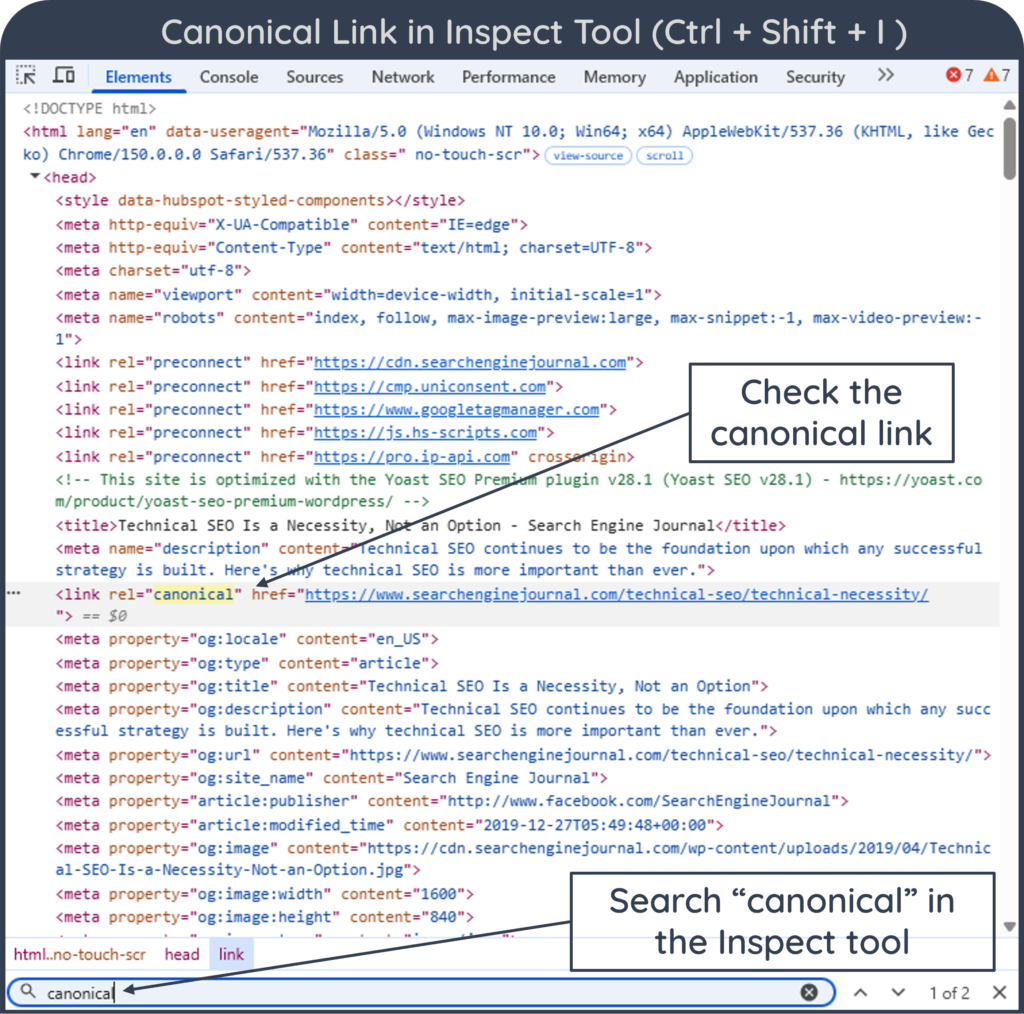 A screenshot with arrows and labels to demonstrate how to check canonical link in Inspect Tool