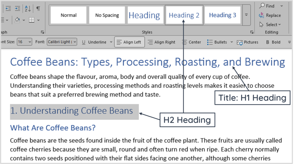 Microsoft Word document showing how Heading 1 and Heading 2 styles are applied to an article title, section and subsection.