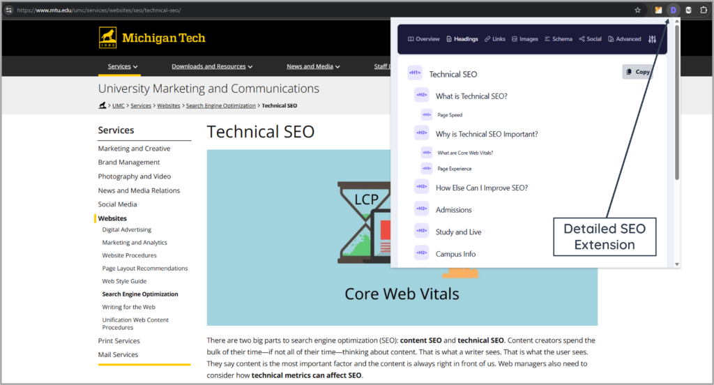 Detailed SEO Extension displaying the H1, H2 and H3 heading structure of a Technical SEO webpage.