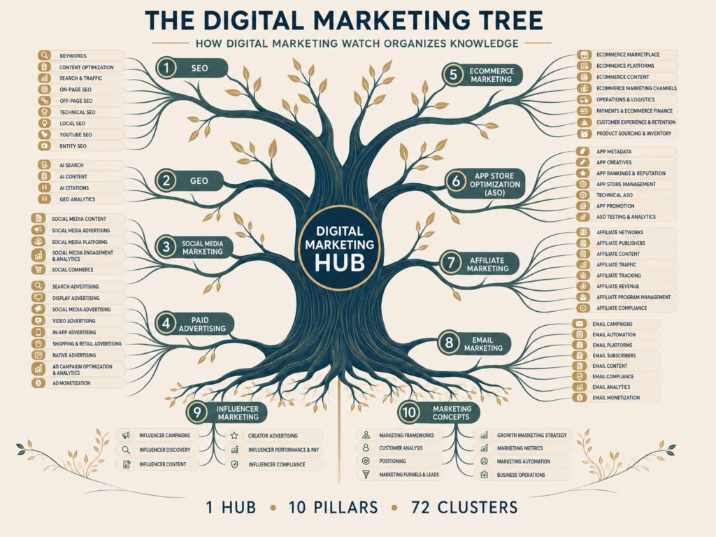 Infographic showing a digital marketing tree with one central Digital Marketing Hub, 10 main pillars as branches, and 72 clusters covering SEO, GEO, social media, paid advertising, ecommerce, ASO, affiliate marketing, email marketing, influencer marketing, and marketing concepts.