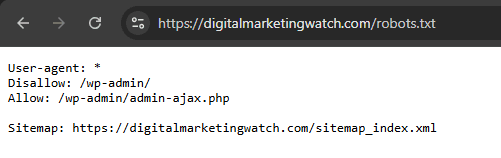 Screenshot of Digital Marketing Watch’s robots.txt file showing crawl rules and the XML sitemap location.