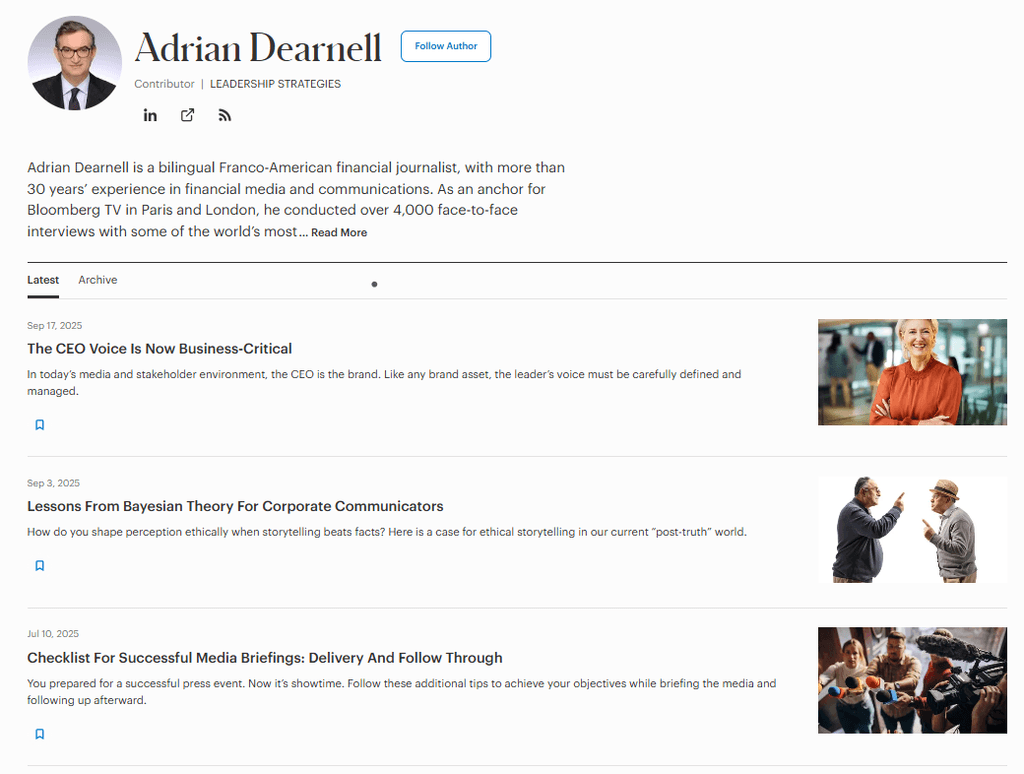 Financial journalist author profile showing decades of professional experience relevant to YMYL financial content