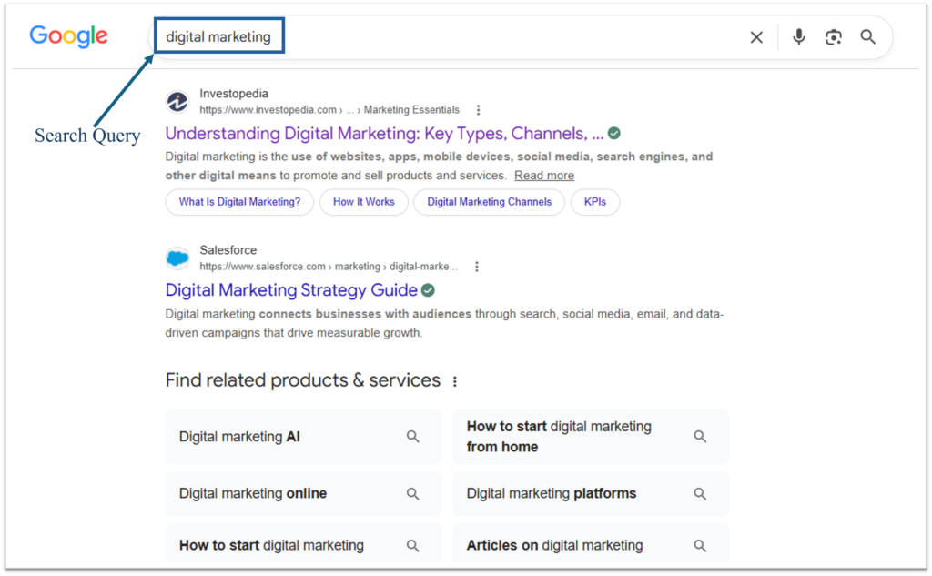 Screenshot of a Google search showing a search query entered into the search bar and the corresponding search engine results page (SERP)