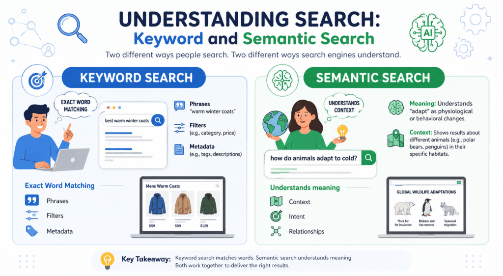 The infographic demonstrates hybrid search by comparing keyword search and semantic search in SEO. The left panel explains keyword search using the query "best warm winter coats," highlighting exact word matching, phrases, filters, and metadata. The right panel explains semantic search using the query "how do animals adapt to cold?", showing how modern search engines understand meaning, context, user intent, and relationships to deliver relevant results.