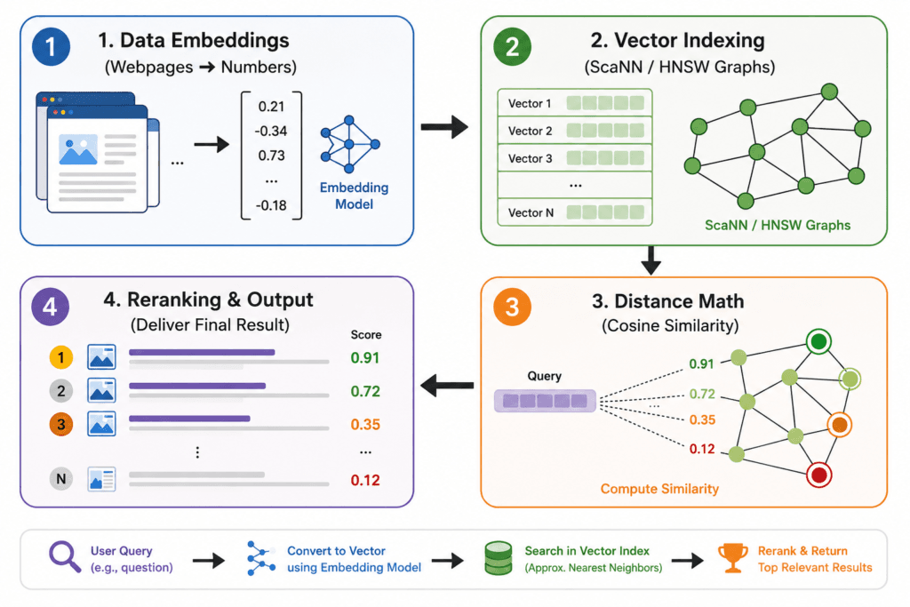 An illustration depicting the four stages of vector search. 1) Data Embeddings, 2) Vector Indexing, 3) Distance Math, and 4) Reranking & Output.
