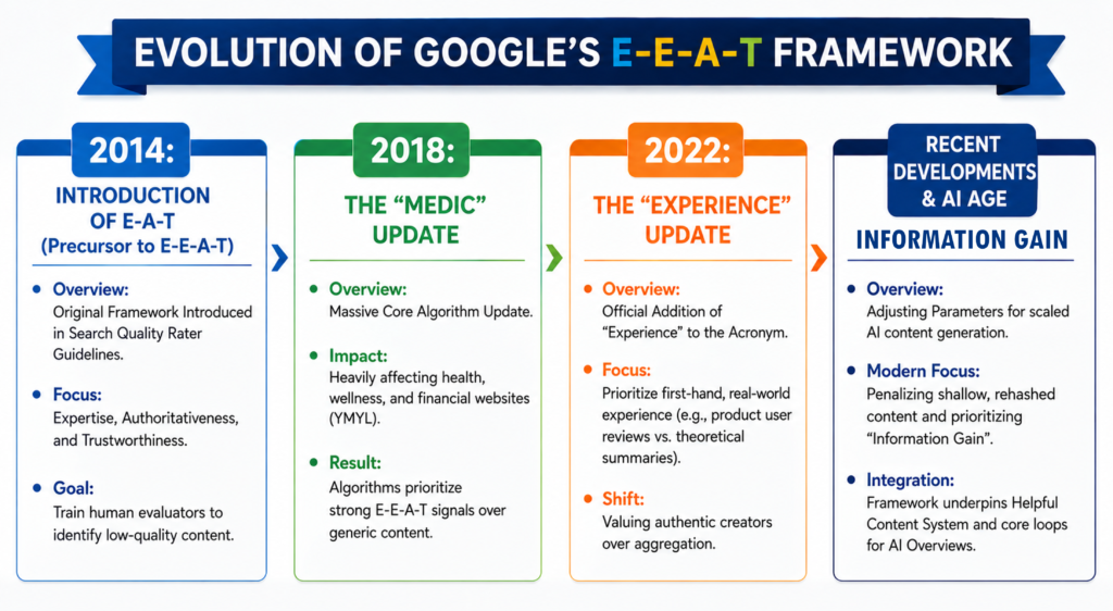 An infographic illustration for the Evolution of Google's E-E-A-T Framework showing four major milestones: 2014 introduction of E-E-A-T, 2018 Medic Update, 2022 Experience Update, and recent AI-era developments.
