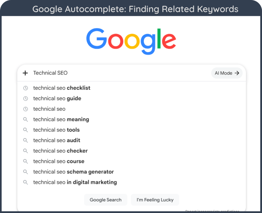 A screenshot of Google Autocomplete for suggestions for "Technical SEO"