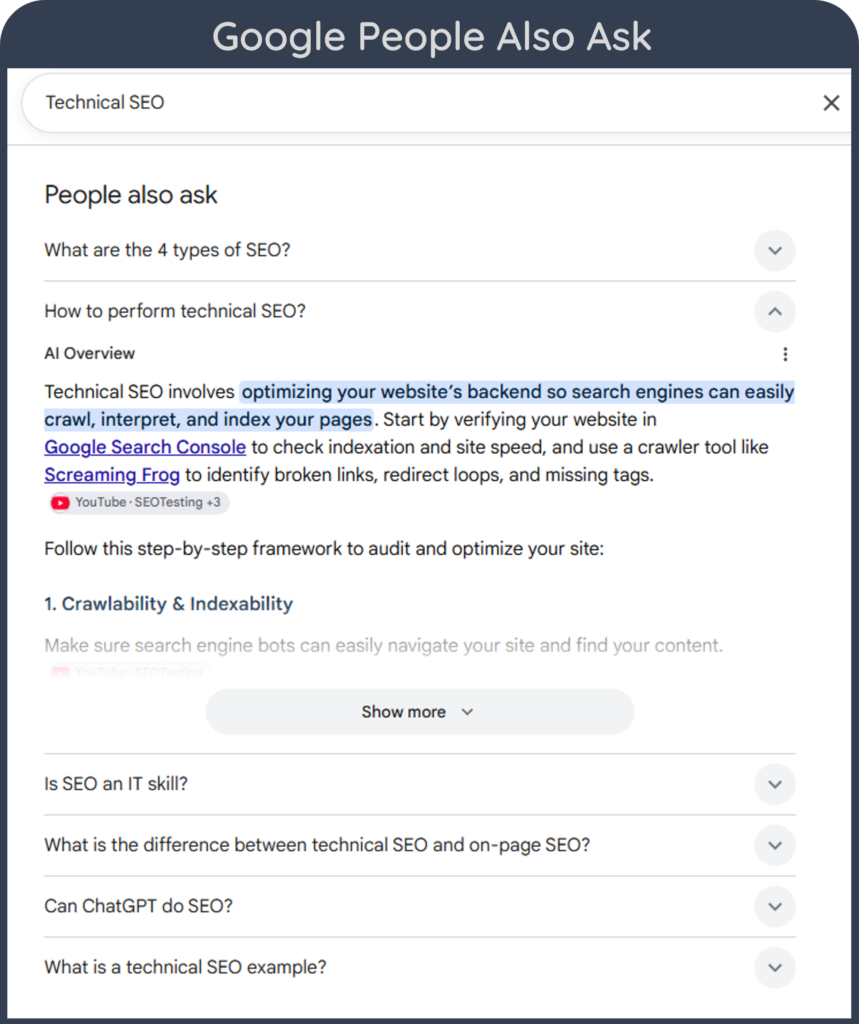 A screenshot of Google People Also Ask for "Technical SEO"