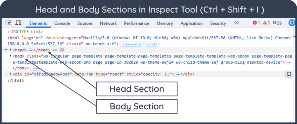 A screenshot for head and body sections in Inspect Tool with arrows and labels.