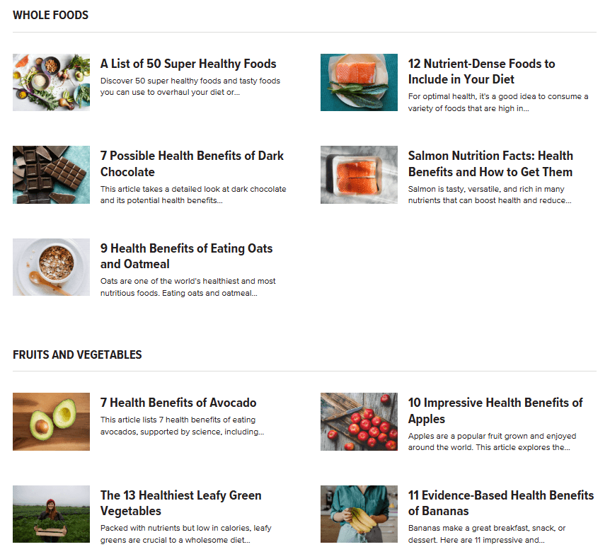 A screenshot showing topic clusters in Healthline's website 
