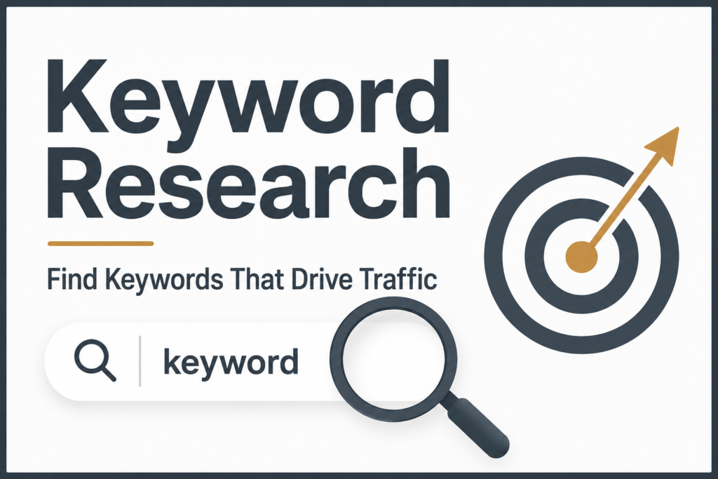 Featured Image for "Keyword Research: How to Find Keywords That Drive Traffic". The graphic features the title, a search bar, magnifying glass and target icon.