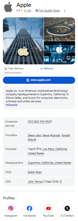 Google knowledge panel for Apple showing company overview, images, website link, founders, headquarters, executives, and social profiles