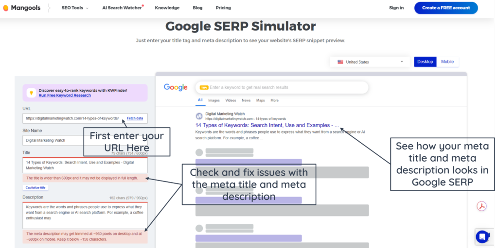 A screenshot of Mongools Google SERP Simulator with arrows points to differing sections.