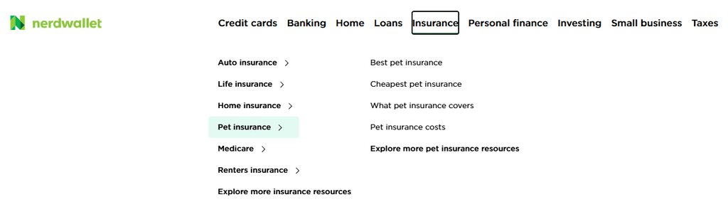 A screenshot of topic clusters for insurance (nerdwallet.com)