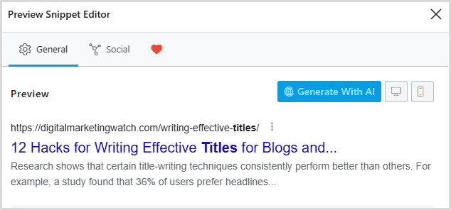 SEO Title and Meta Description Preview Through Rank Math SEO Plugin on WordPress for "12 Hacks for Writing Effective Titles for Blogs and Articles"