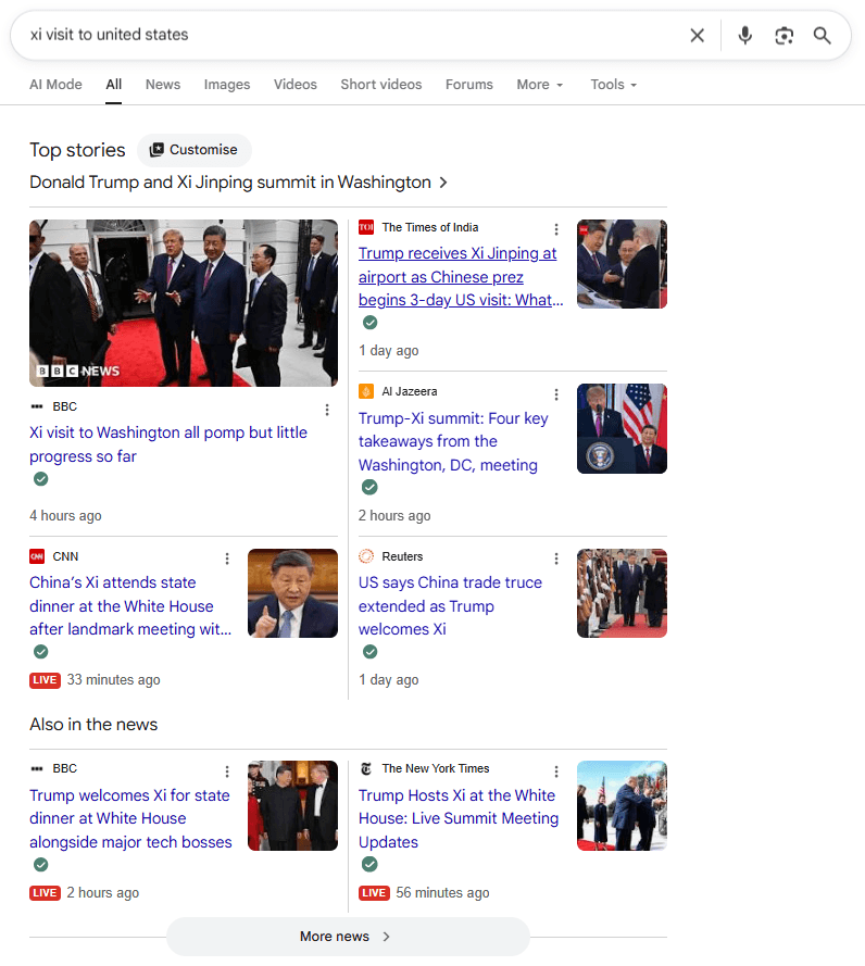 Google news search results for a current international event, illustrating how rapidly changing topics may require more frequent review to prevent content from becoming outdated