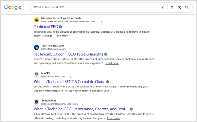 Top Ranking Search Results on Google SERP for "What is Technical SEO"