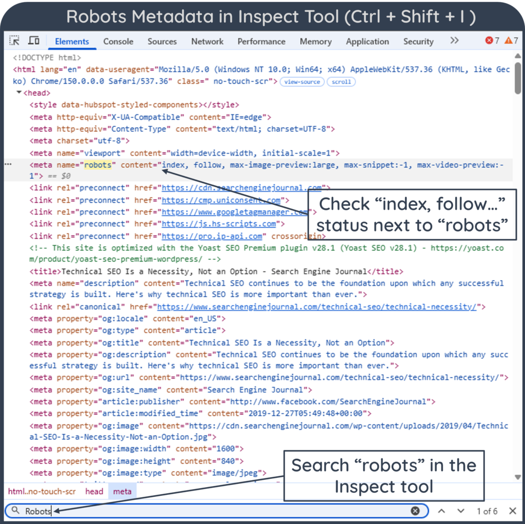 A screenshot with arrows and labels to demonstrate how to check Robots Metadata in Inspect Tool