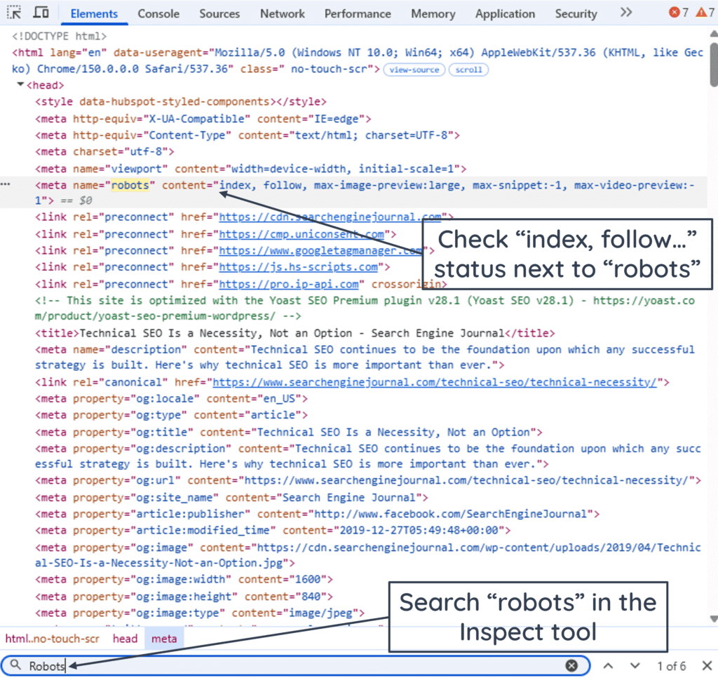 Chrome DevTools Elements panel showing a robots meta tag with index and follow directives in rendered HTML