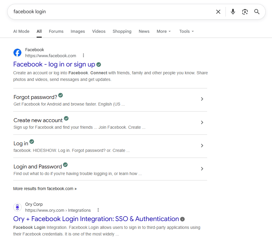 Google SERP for “facebook login” with Facebook’s official result and related sitelinks, demonstrating navigational search intent
