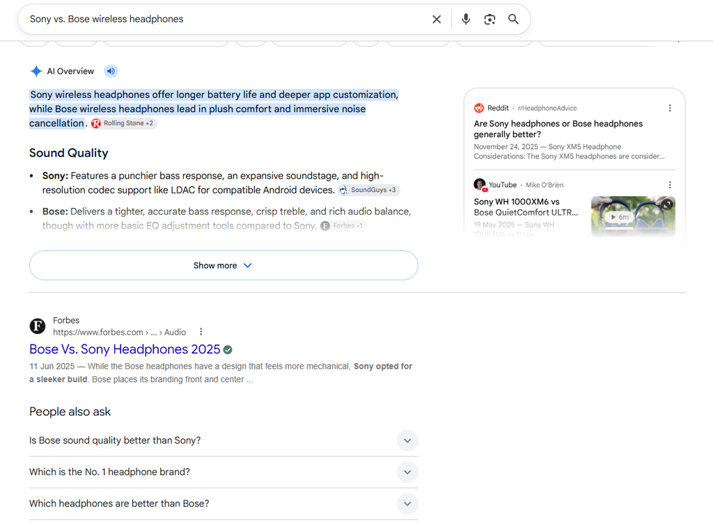 Search results on Google for a commercial query, "Sony vs. Bose wireless headphones"