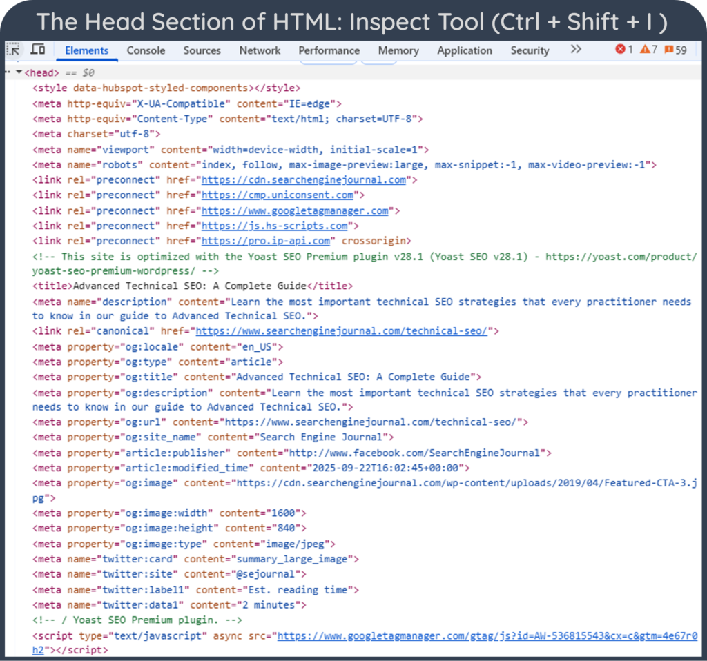 A screenshot of the head section of HTML in Inspect tool