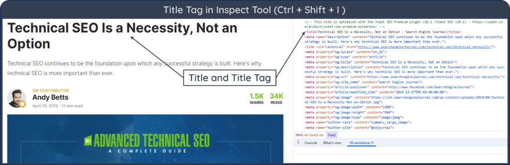 A screenshot of HTML in Inspect tool with label and arrows pointing to the title and title tag.