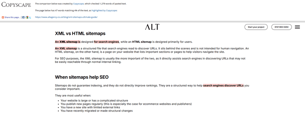 Screenshot of a Copyscape plagiarism report showing highlighted matching phrases and the percentage of text found on another website