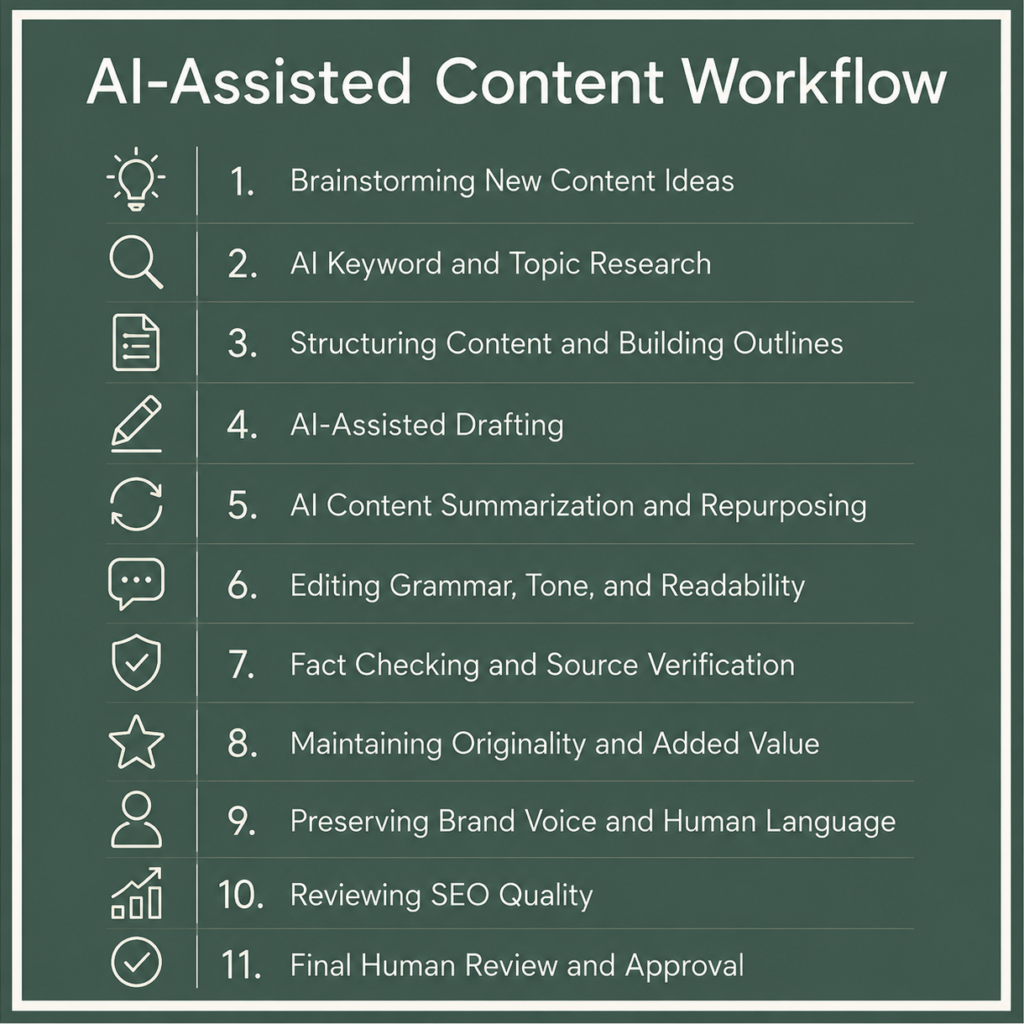 An image with a list of 11 points for AI-assisted content workflow