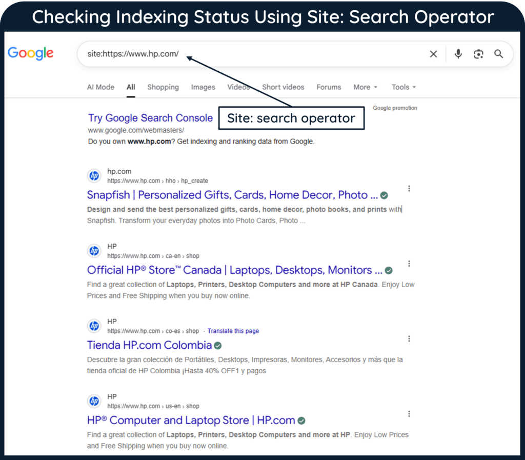 A screenshot with a label illustrating the use of site search operator to check indexing status for https://www.hp.com/