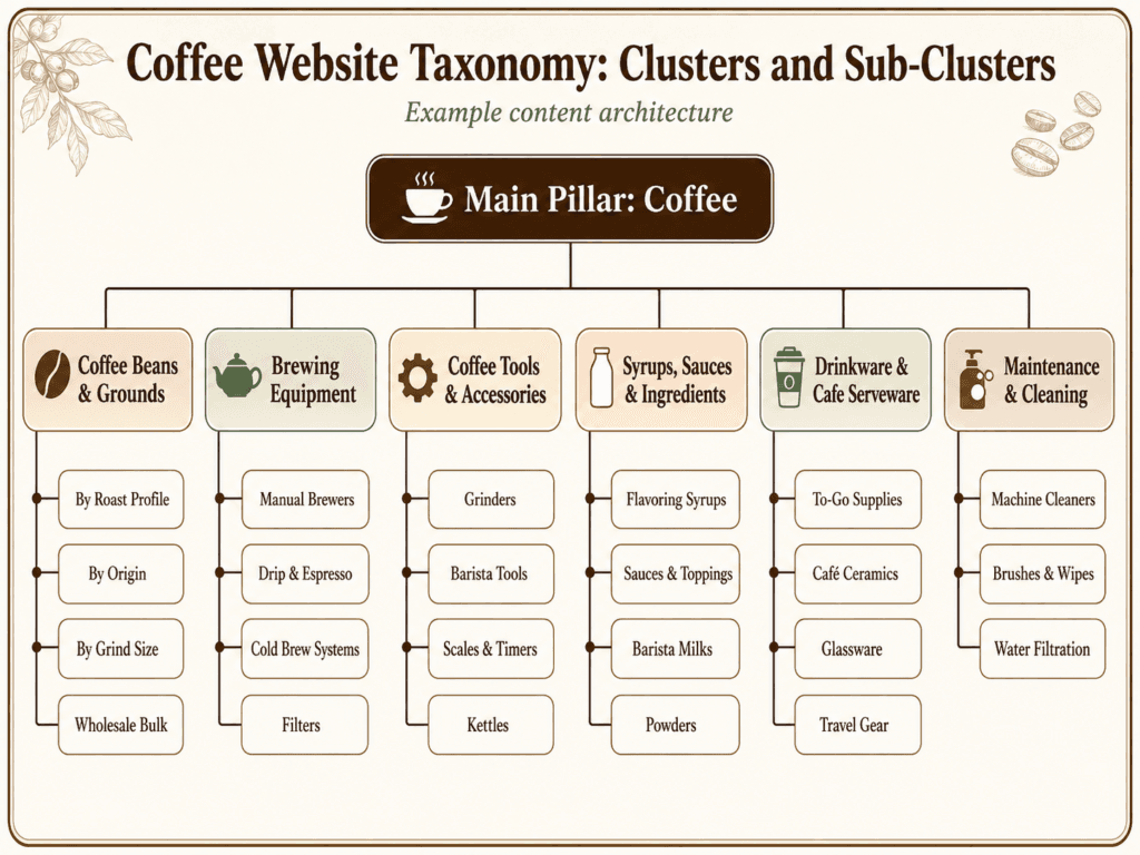 An infographic showing clusters and sub-clusters for a coffee website. The main pillar is Coffee, which has 6 clusters. Each cluster has 3-4 sub-clusters.