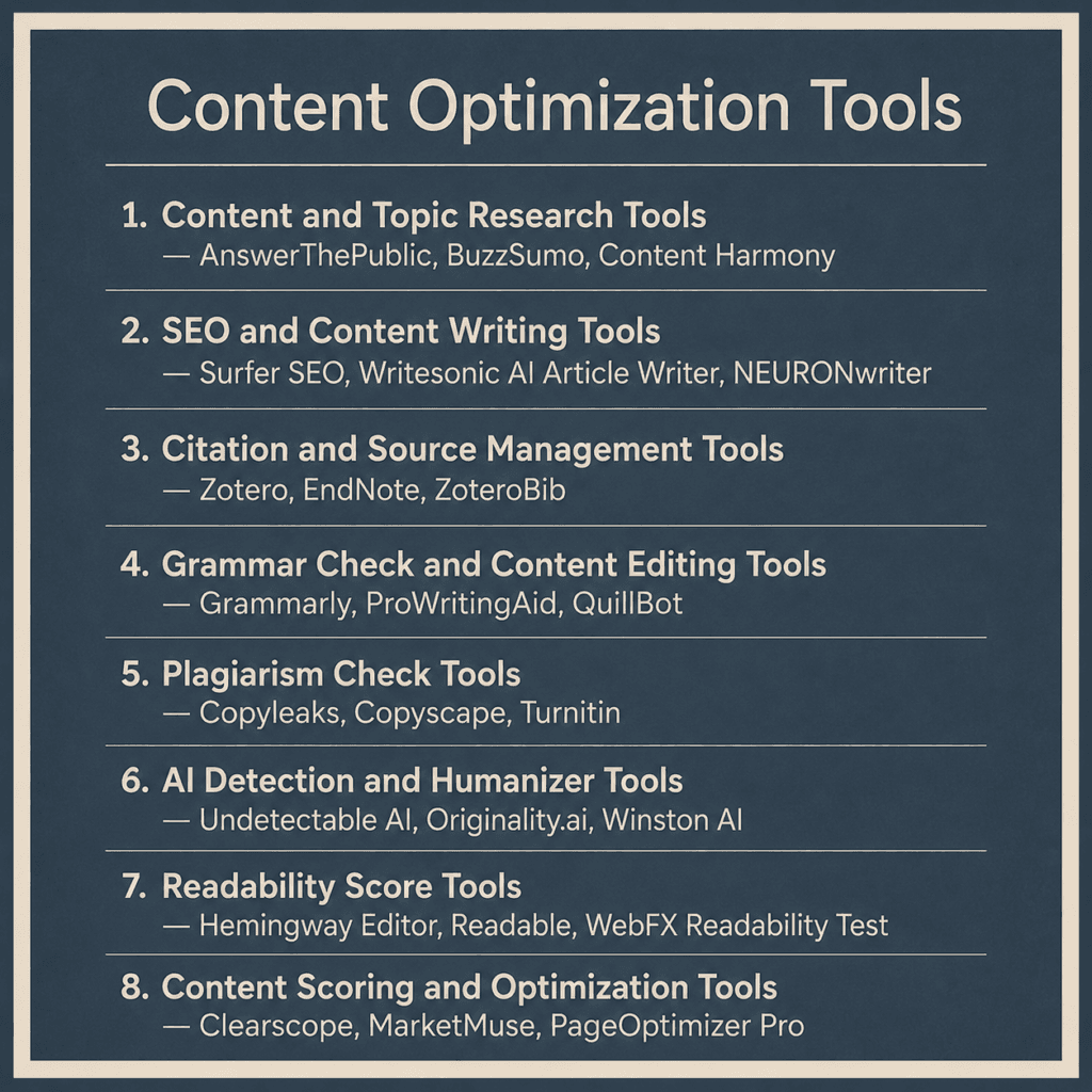 Image with a list of different types of content optimization tools with some examples for each.